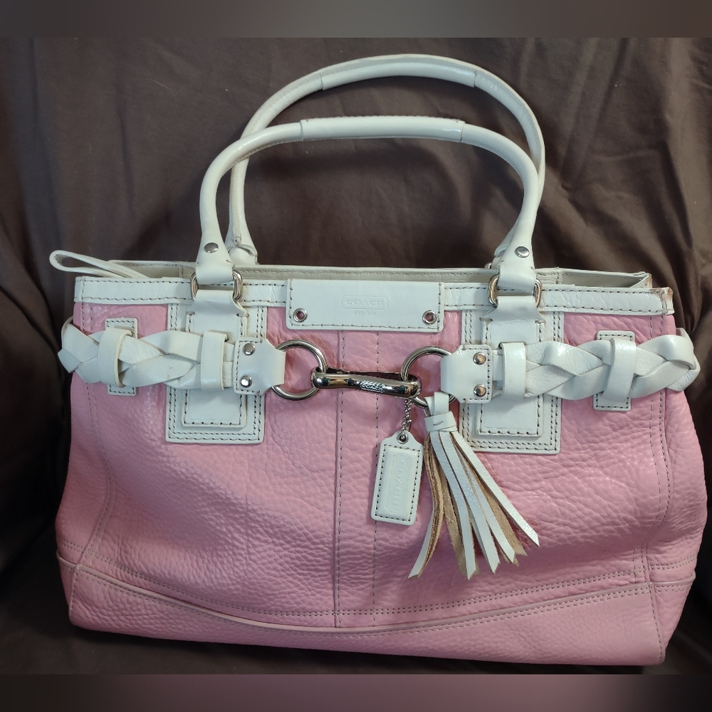 Coach Pebble Leather Light Pink Braided Cream Trim, Satchel Handbag Purse F13087